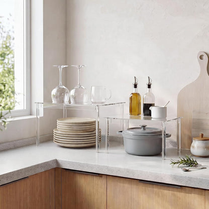 Cabinet Shelves, Clear Stackable Acrylic Storage Risers with Heavy Duty Support, Cabinet Organizer Shelf for Spices, Seasonings, Jars, Pantry, Kitchen Counter, Easy Assembly
