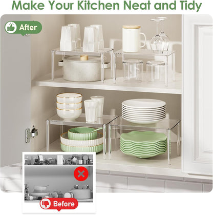 Cabinet Shelves, Clear Stackable Acrylic Storage Risers with Heavy Duty Support, Cabinet Organizer Shelf for Spices, Seasonings, Jars, Pantry, Kitchen Counter, Easy Assembly