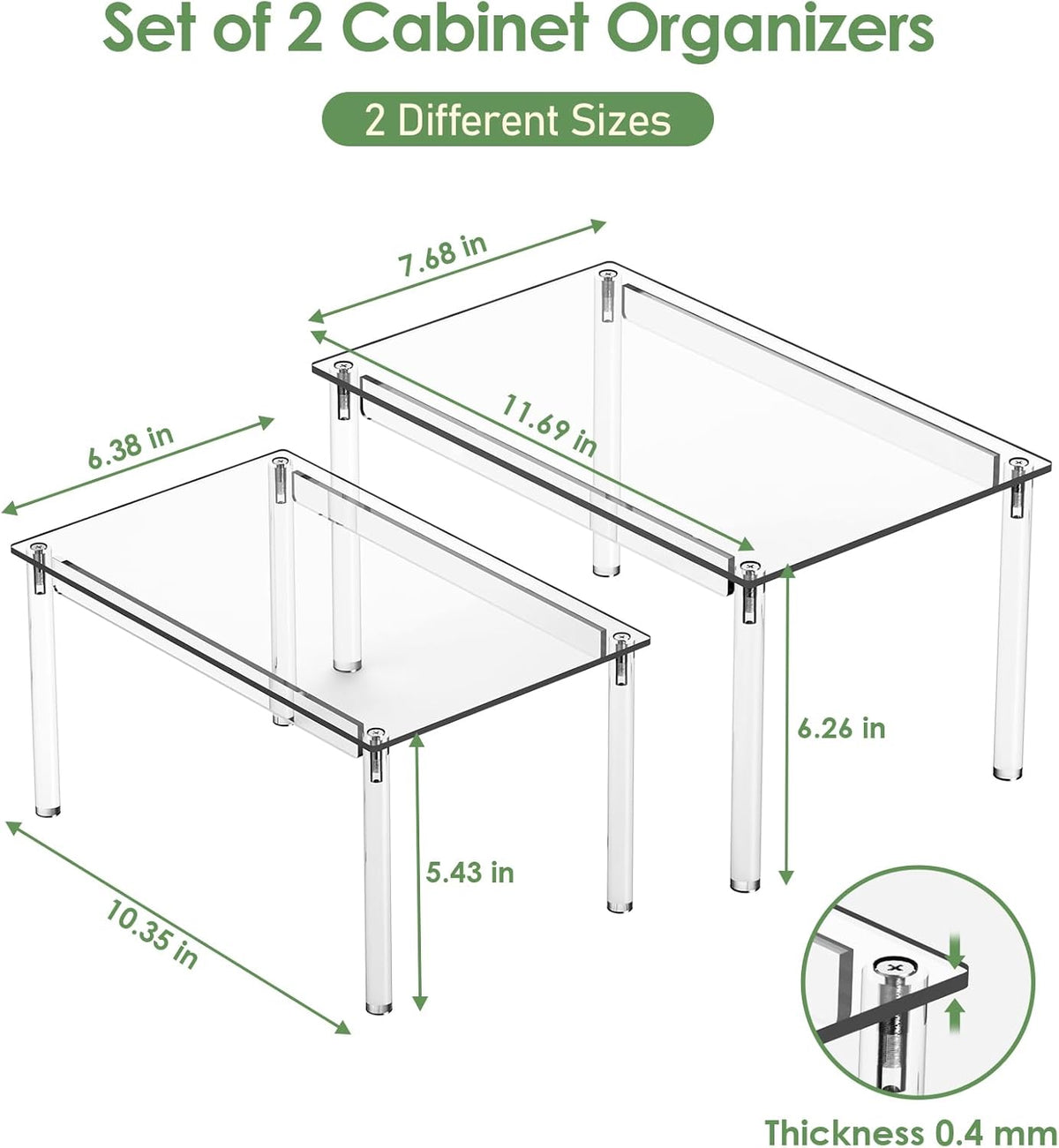Cabinet Shelves, Clear Stackable Acrylic Storage Risers with Heavy Duty Support, Cabinet Organizer Shelf for Spices, Seasonings, Jars, Pantry, Kitchen Counter, Easy Assembly