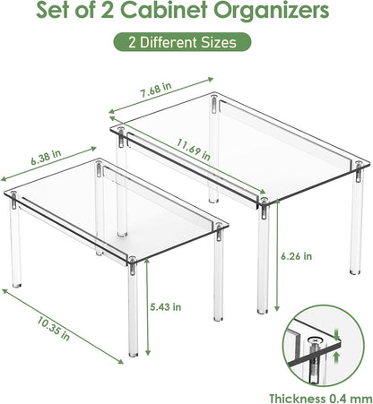 Cabinet Shelves, Clear Stackable Acrylic Storage Risers with Heavy Duty Support, Cabinet Organizer Shelf for Spices, Seasonings, Jars, Pantry, Kitchen Counter, Easy Assembly