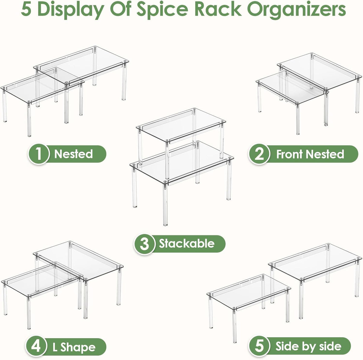 Cabinet Shelves, Clear Stackable Acrylic Storage Risers with Heavy Duty Support, Cabinet Organizer Shelf for Spices, Seasonings, Jars, Pantry, Kitchen Counter, Easy Assembly