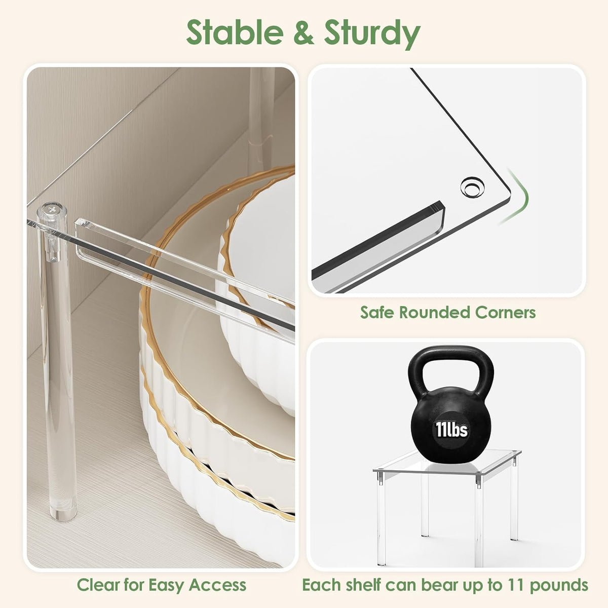 Cabinet Shelves, Clear Stackable Acrylic Storage Risers with Heavy Duty Support, Cabinet Organizer Shelf for Spices, Seasonings, Jars, Pantry, Kitchen Counter, Easy Assembly