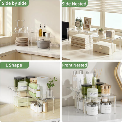 Cabinet Shelves, Clear Stackable Acrylic Storage Risers with Heavy Duty Support, Cabinet Organizer Shelf for Spices, Seasonings, Jars, Pantry, Kitchen Counter, Easy Assembly