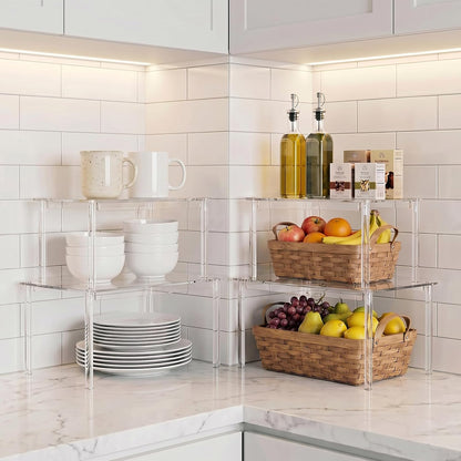 Cabinet Shelves, Clear Stackable Acrylic Storage Risers with Heavy Duty Support, Cabinet Organizer Shelf for Spices, Seasonings, Jars, Pantry, Kitchen Counter, Easy Assembly