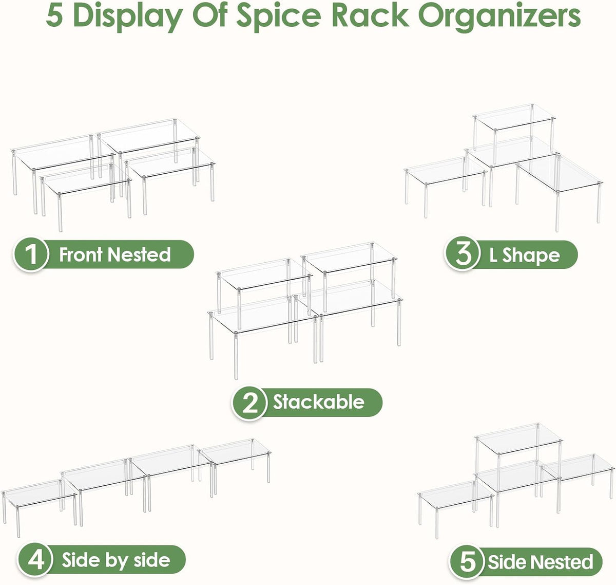 Cabinet Shelves, Clear Stackable Acrylic Storage Risers with Heavy Duty Support, Cabinet Organizer Shelf for Spices, Seasonings, Jars, Pantry, Kitchen Counter, Easy Assembly