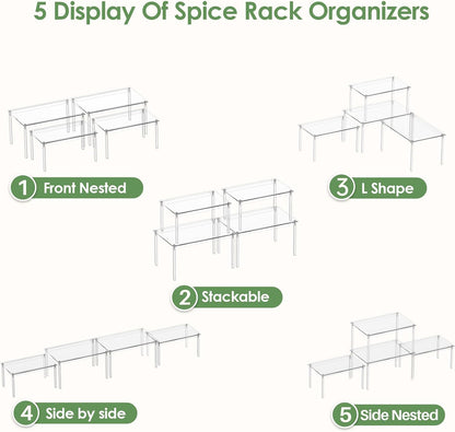 Cabinet Shelves, Clear Stackable Acrylic Storage Risers with Heavy Duty Support, Cabinet Organizer Shelf for Spices, Seasonings, Jars, Pantry, Kitchen Counter, Easy Assembly