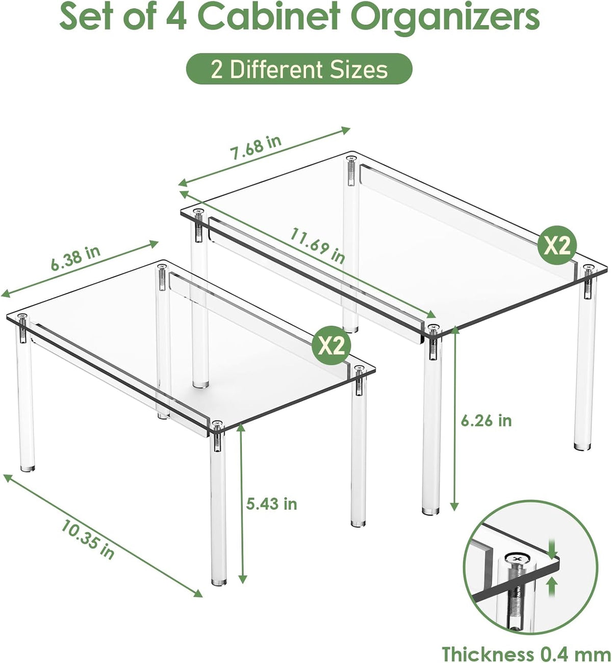 Cabinet Shelves, Clear Stackable Acrylic Storage Risers with Heavy Duty Support, Cabinet Organizer Shelf for Spices, Seasonings, Jars, Pantry, Kitchen Counter, Easy Assembly