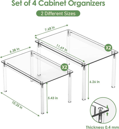 Cabinet Shelves, Clear Stackable Acrylic Storage Risers with Heavy Duty Support, Cabinet Organizer Shelf for Spices, Seasonings, Jars, Pantry, Kitchen Counter, Easy Assembly
