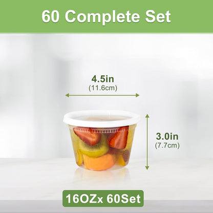 60 Sets (120-Piece) Deli Containers with Lids, 32/16/8 oz X 20 Set Each | Leak-Proof & BPA Free Airtight Takeout Plastic Food Storage Containers for Soup, Freezer/Microwave