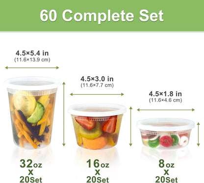 60 Sets (120-Piece) Deli Containers with Lids, 32/16/8 oz X 20 Set Each | Leak-Proof & BPA Free Airtight Takeout Plastic Food Storage Containers for Soup, Freezer/Microwave