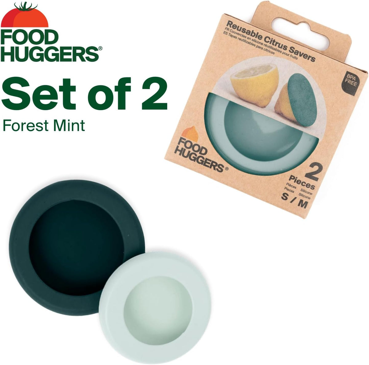 2pc Reusable Silicone Citrus Savers | BPA Free & Dishwasher Safe | Fruit Produce Storage for Orange, Lemon, Lime, Banana, Cans & More | 2 Pack Round, Forest Mint