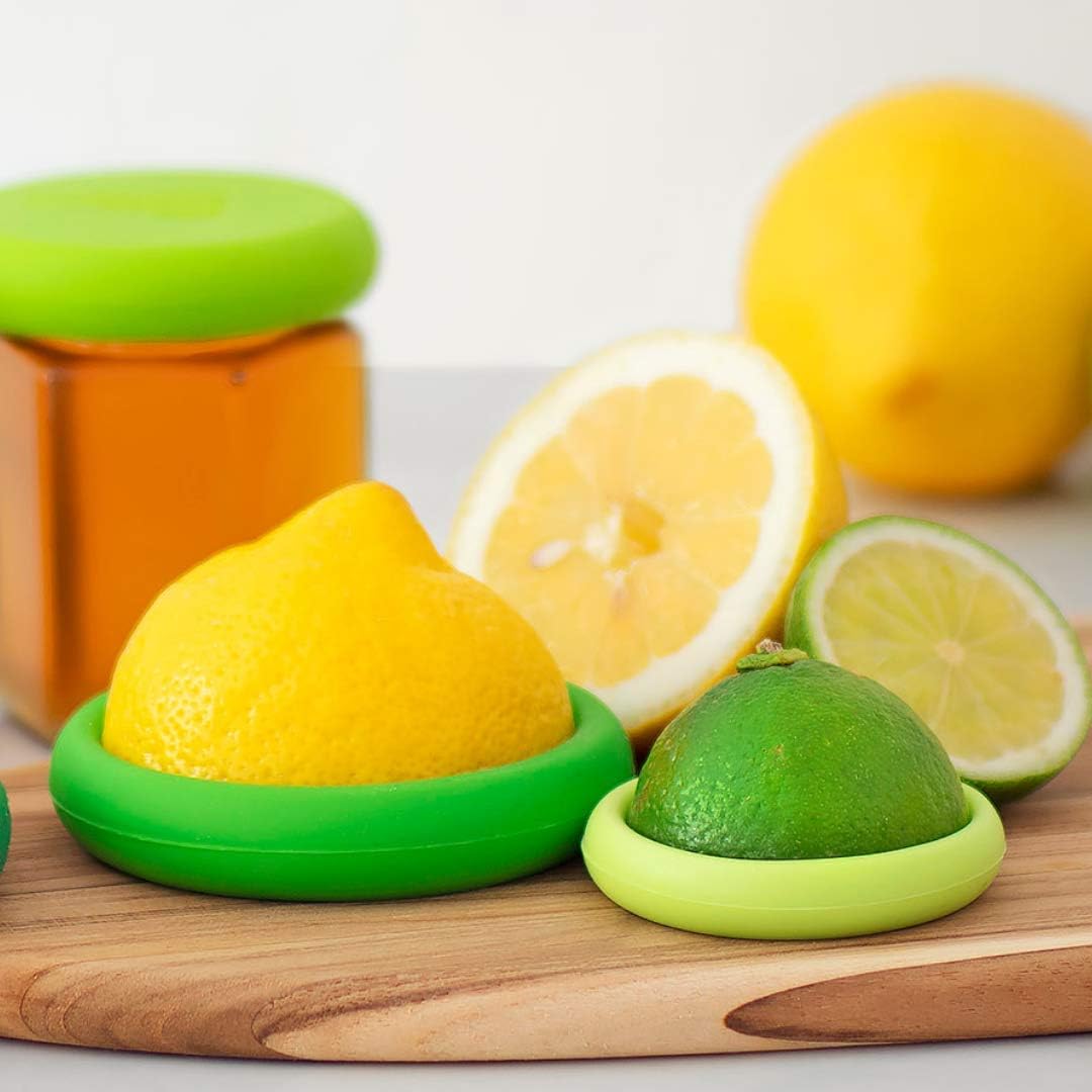 2pc Reusable Silicone Citrus Savers | BPA Free & Dishwasher Safe | Fruit Produce Storage for Orange, Lemon, Lime, Banana, Cans & More | 2 Pack Round, Forest Mint