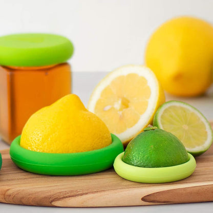 2pc Reusable Silicone Citrus Savers | BPA Free & Dishwasher Safe | Fruit Produce Storage for Orange, Lemon, Lime, Banana, Cans & More | 2 Pack Round, Forest Mint