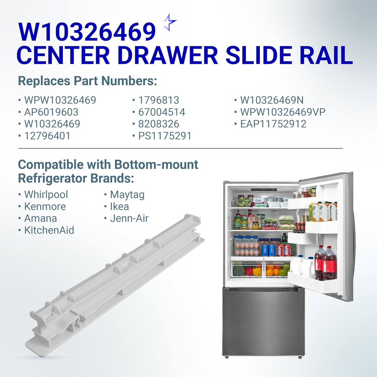 W10326469 Refrigerator Center Drawer Slide Rail - Compatible with Whirlpool Kenmore Maytag KitchenAid Amana JennAir - Replaces WPW10326469 AP6019603 12796401 1796813 67004514 PS11752912