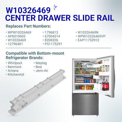 W10326469 Refrigerator Center Drawer Slide Rail - Compatible with Whirlpool Kenmore Maytag KitchenAid Amana JennAir - Replaces WPW10326469 AP6019603 12796401 1796813 67004514 PS11752912