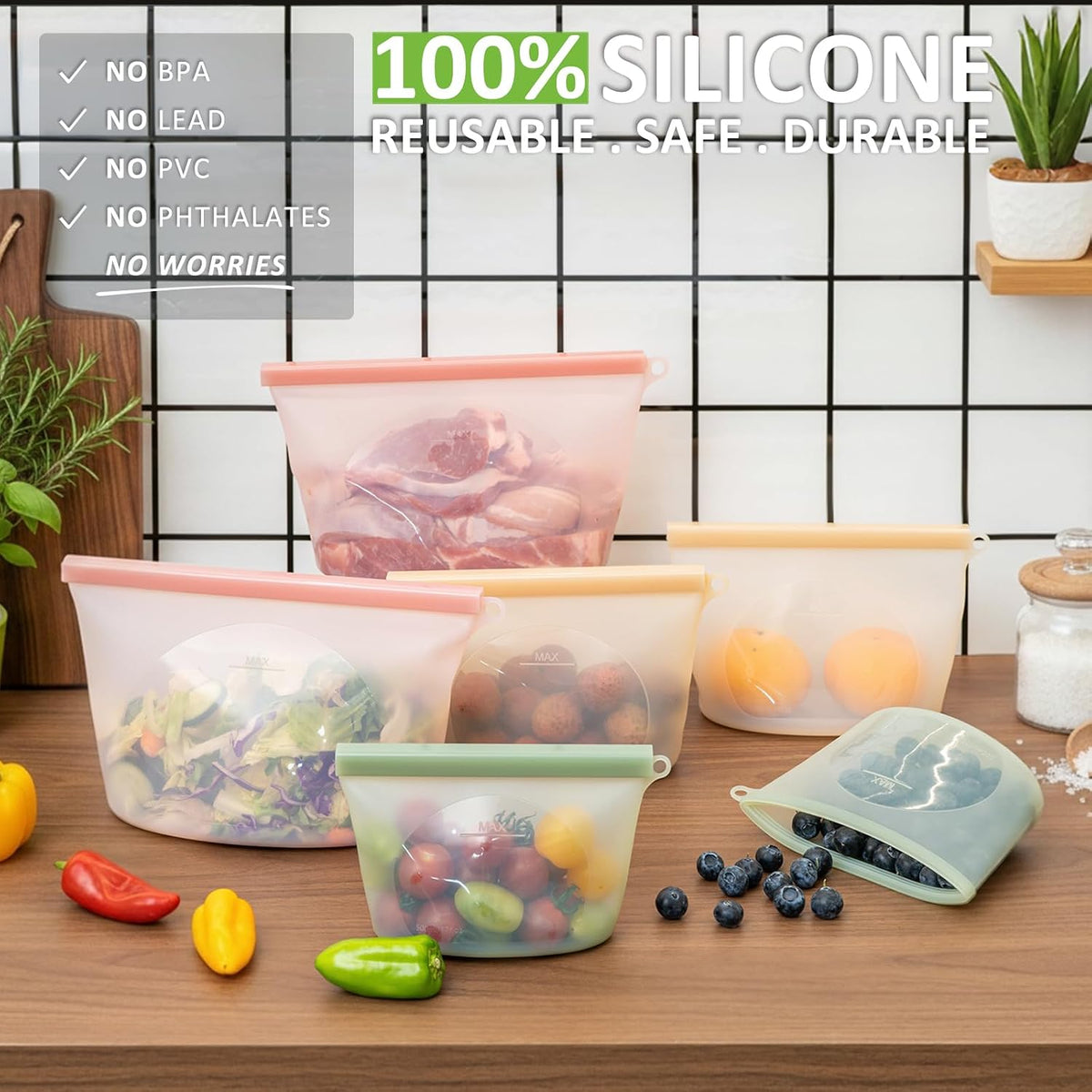 100% Reusable Silicone Bags for Food Storage, 12 Pack Double-Lock Reusable Bags Stand-Up Wide-Mouth Leakproof for Soup, Sous Vide, Freezer Microwave Dishwasher Safe, 4 Half Gallon 4 Sandwich 4 Snack