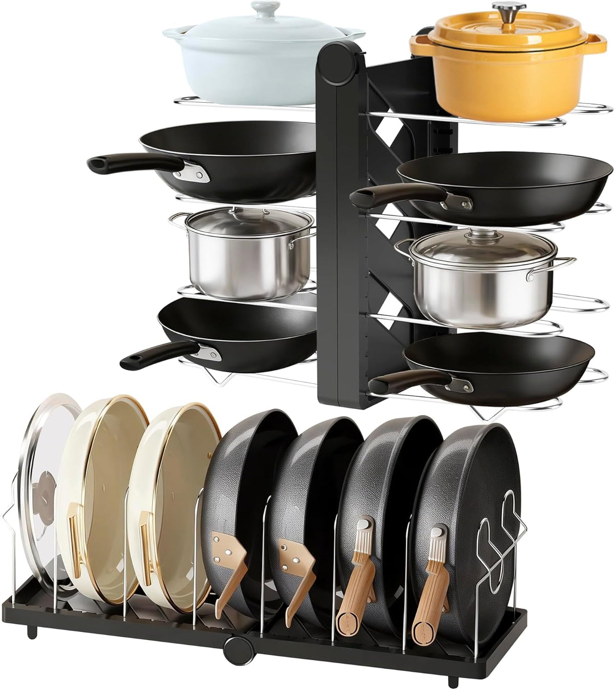 Foldable Pots and Pans Organizer Under Cabinet 28.5" L x 9.1" W x 9.9" H Expanded, Folds Flat Adjustable 8-Tier Stainless Steel Dividers Kitchen Cabinet Cookware Baking Frying Rack (Black)