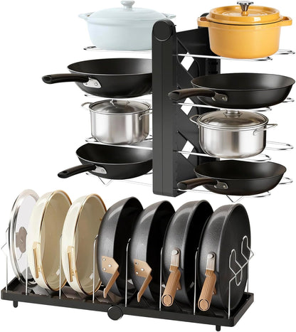 Foldable Pots and Pans Organizer Under Cabinet 28.5" L x 9.1" W x 9.9" H Expanded, Folds Flat Adjustable 8-Tier Stainless Steel Dividers Kitchen Cabinet Cookware Baking Frying Rack (Black)