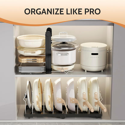 Foldable Pots and Pans Organizer Under Cabinet 28.5" L x 9.1" W x 9.9" H Expanded, Folds Flat Adjustable 8-Tier Stainless Steel Dividers Kitchen Cabinet Cookware Baking Frying Rack (Black)