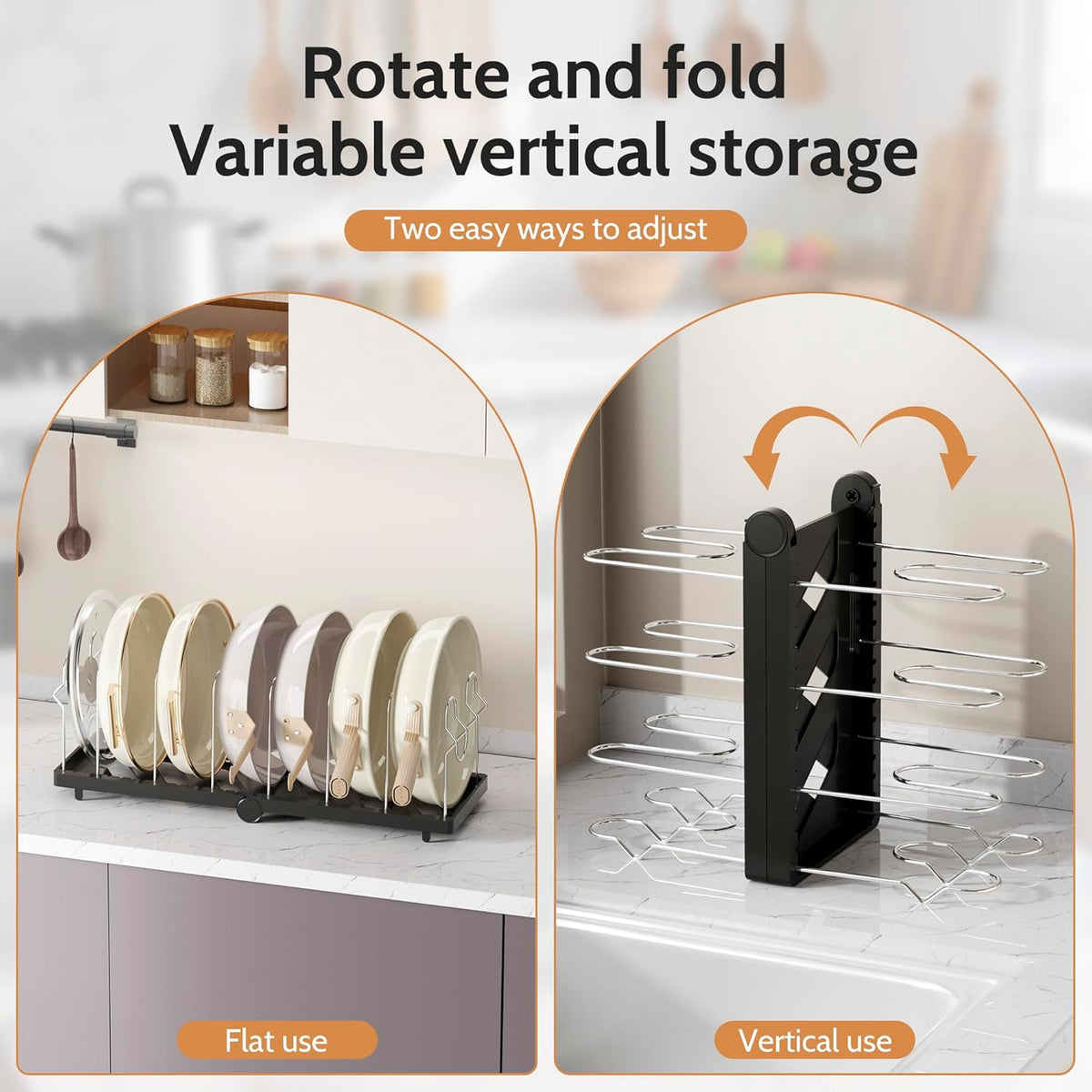 Foldable Pots and Pans Organizer Under Cabinet 28.5" L x 9.1" W x 9.9" H Expanded, Folds Flat Adjustable 8-Tier Stainless Steel Dividers Kitchen Cabinet Cookware Baking Frying Rack (Black)