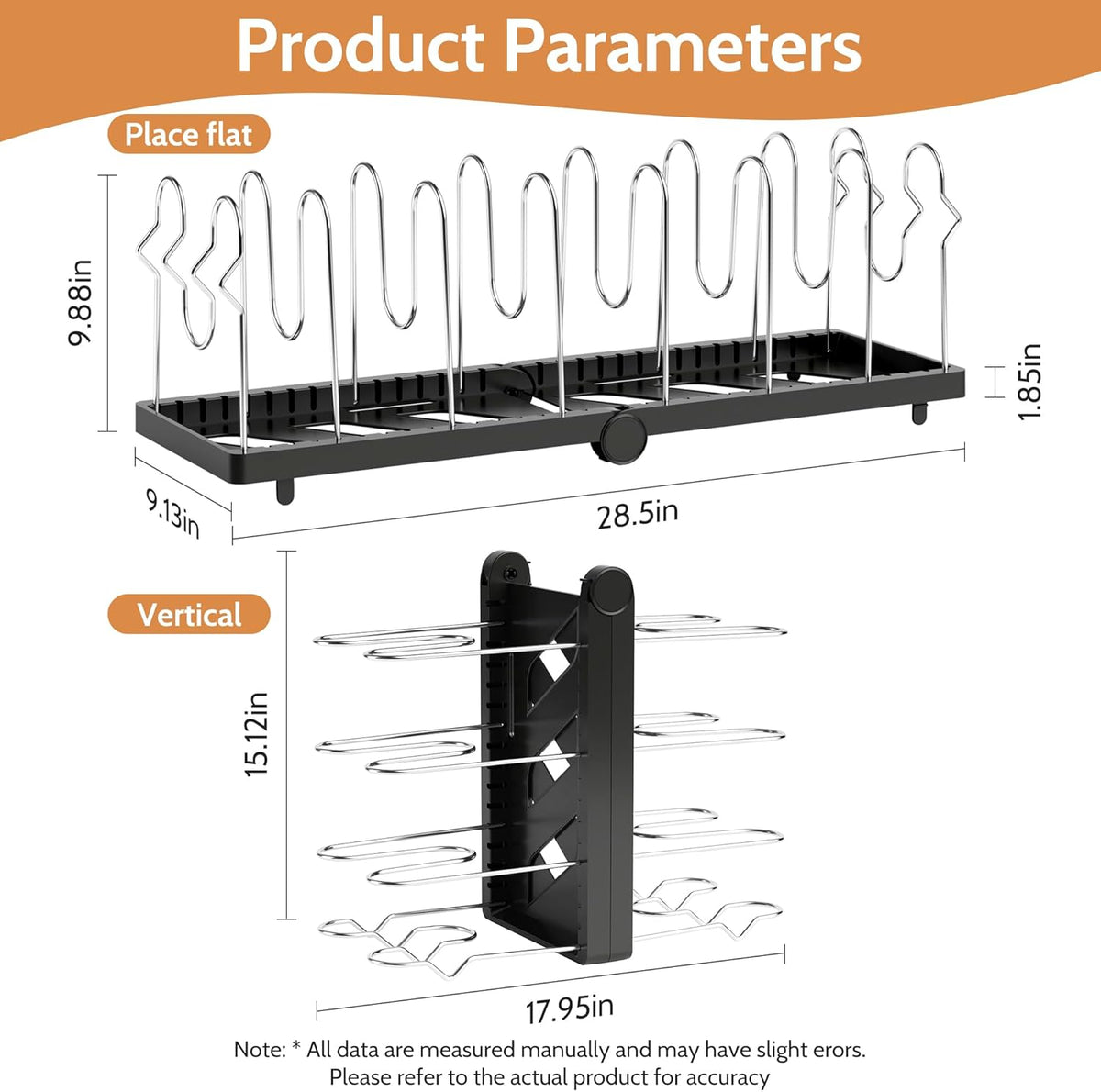 Foldable Pots and Pans Organizer Under Cabinet 28.5" L x 9.1" W x 9.9" H Expanded, Folds Flat Adjustable 8-Tier Stainless Steel Dividers Kitchen Cabinet Cookware Baking Frying Rack (Black)