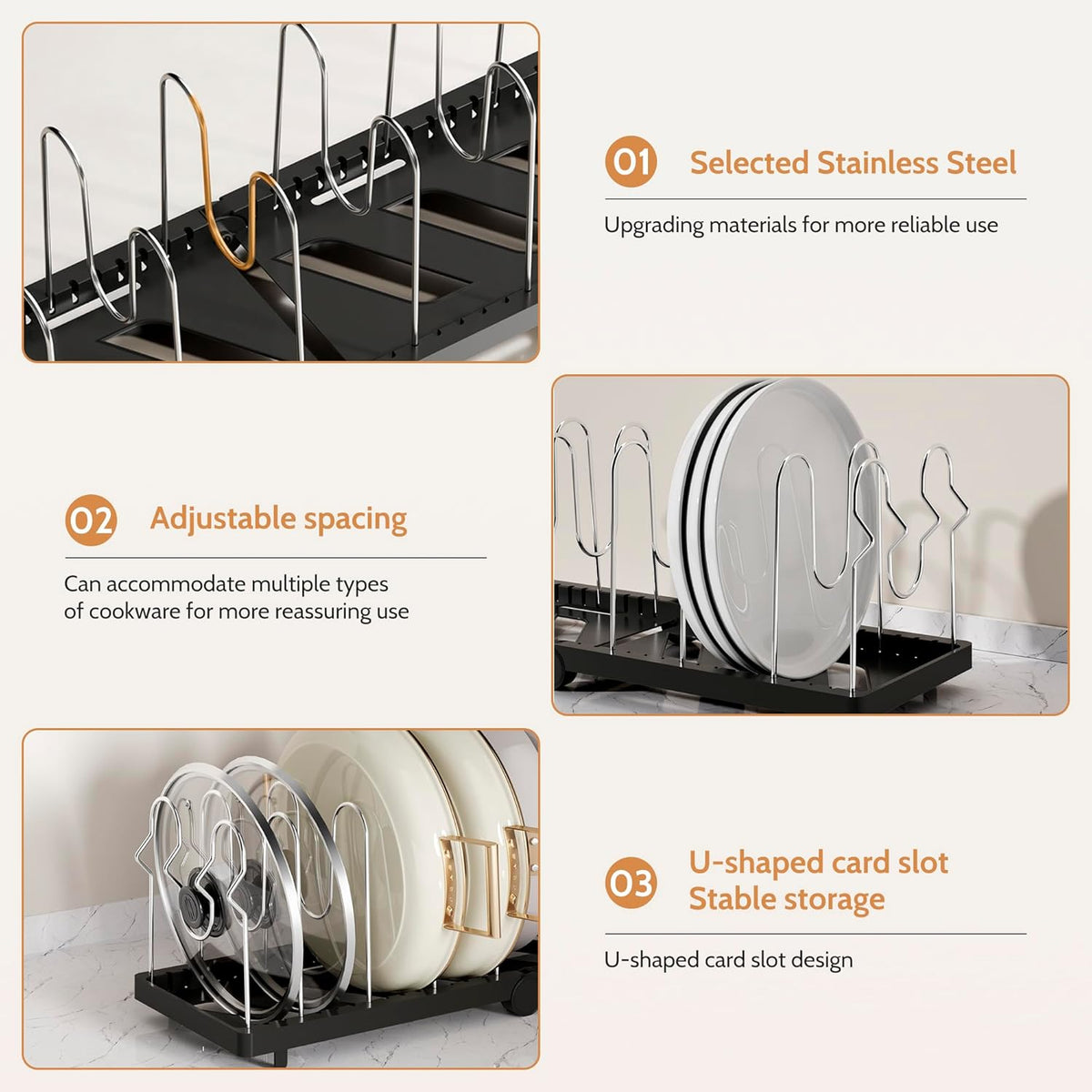 Foldable Pots and Pans Organizer Under Cabinet 28.5" L x 9.1" W x 9.9" H Expanded, Folds Flat Adjustable 8-Tier Stainless Steel Dividers Kitchen Cabinet Cookware Baking Frying Rack (Black)