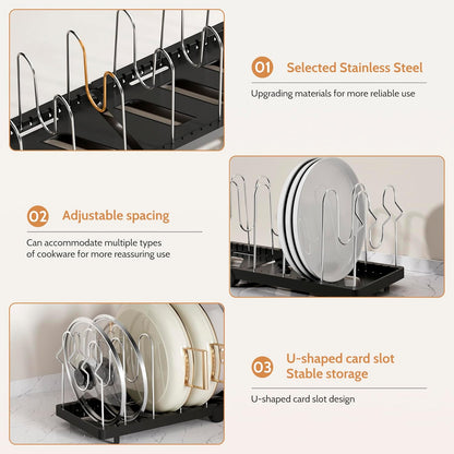 Foldable Pots and Pans Organizer Under Cabinet 28.5" L x 9.1" W x 9.9" H Expanded, Folds Flat Adjustable 8-Tier Stainless Steel Dividers Kitchen Cabinet Cookware Baking Frying Rack (Black)