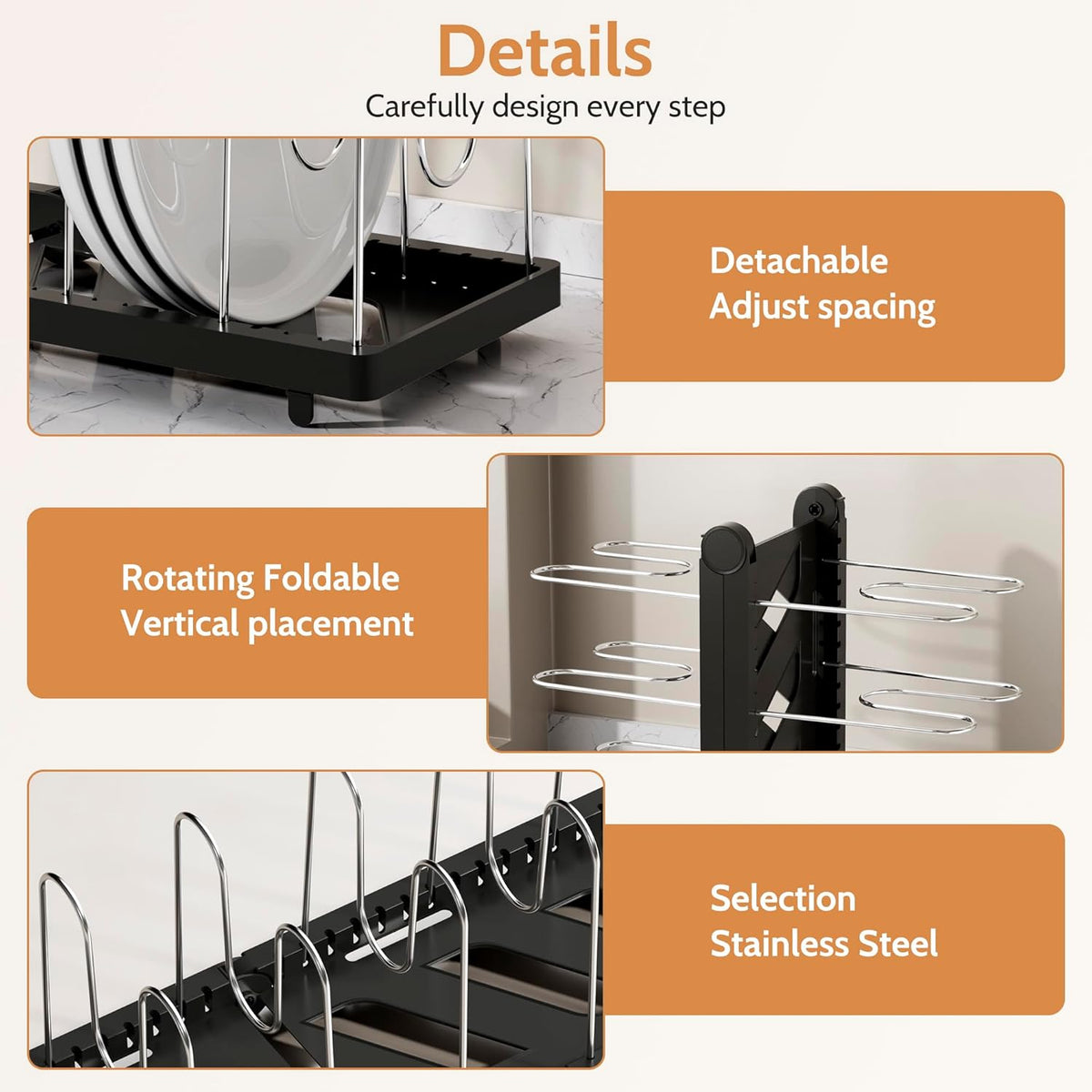 Foldable Pots and Pans Organizer Under Cabinet 28.5" L x 9.1" W x 9.9" H Expanded, Folds Flat Adjustable 8-Tier Stainless Steel Dividers Kitchen Cabinet Cookware Baking Frying Rack (Black)