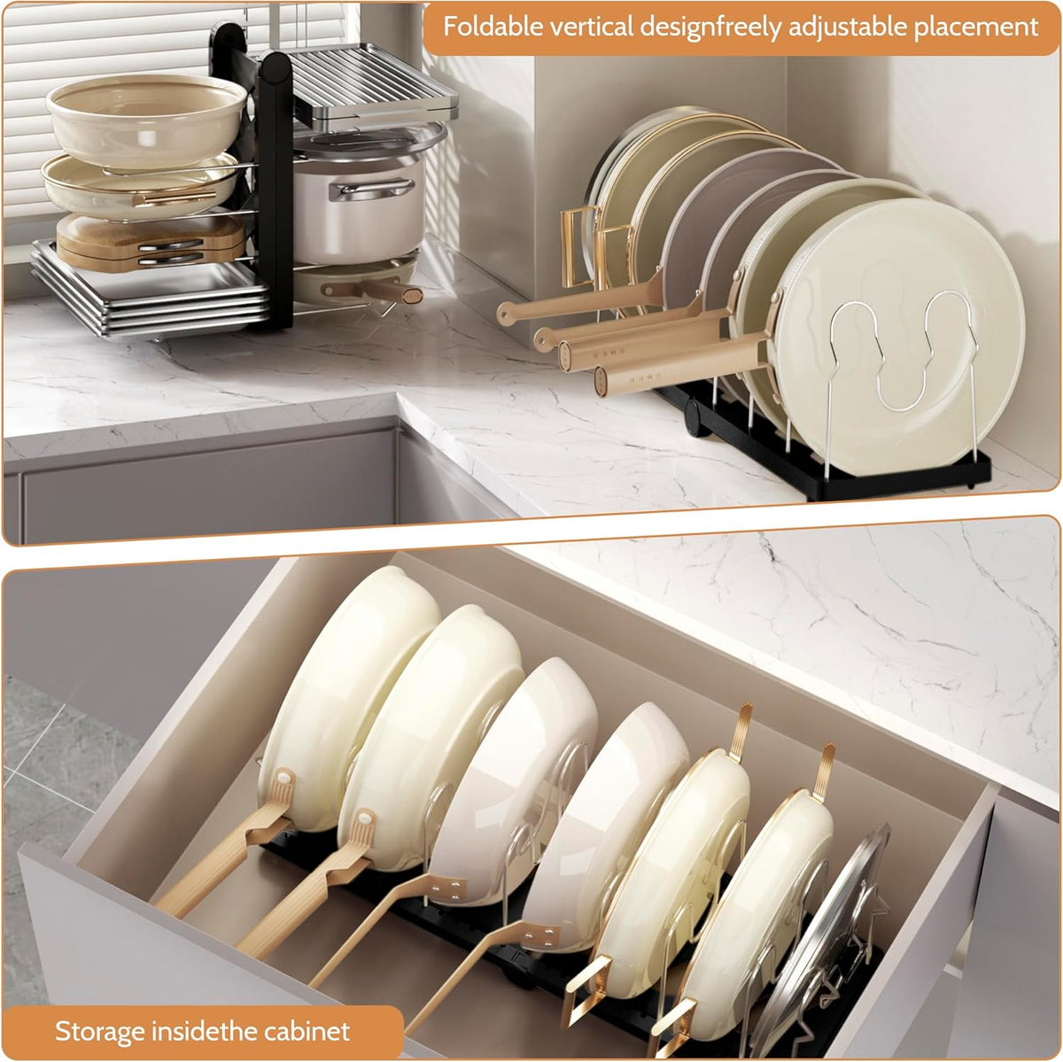 Foldable Pots and Pans Organizer Under Cabinet 28.5" L x 9.1" W x 9.9" H Expanded, Folds Flat Adjustable 8-Tier Stainless Steel Dividers Kitchen Cabinet Cookware Baking Frying Rack (Black)