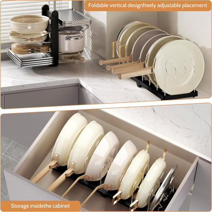 Foldable Pots and Pans Organizer Under Cabinet 28.5" L x 9.1" W x 9.9" H Expanded, Folds Flat Adjustable 8-Tier Stainless Steel Dividers Kitchen Cabinet Cookware Baking Frying Rack (Black)