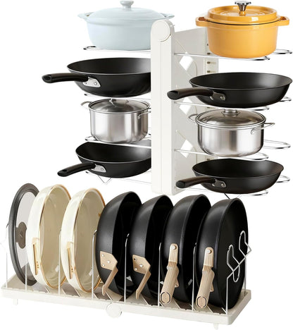 Foldable Pots and Pans Organizer Under Cabinet 28.5" L x 9.1" W x 9.9" H Expanded, Folds Flat Adjustable 8-Tier Stainless Steel Dividers Kitchen Cabinet Cookware Baking Frying Rack (Black)