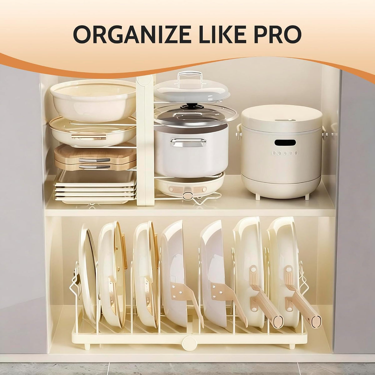 Foldable Pots and Pans Organizer Under Cabinet 28.5" L x 9.1" W x 9.9" H Expanded, Folds Flat Adjustable 8-Tier Stainless Steel Dividers Kitchen Cabinet Cookware Baking Frying Rack (Black)