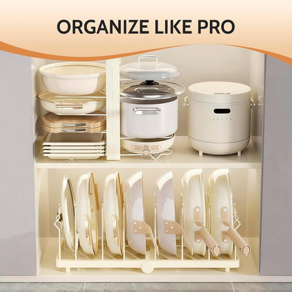 Foldable Pots and Pans Organizer Under Cabinet 28.5" L x 9.1" W x 9.9" H Expanded, Folds Flat Adjustable 8-Tier Stainless Steel Dividers Kitchen Cabinet Cookware Baking Frying Rack (Black)