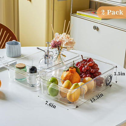 2 Pack Divided Rolling Refrigerator Tray Clear Roll Out Fridge Caddy Organizer with Wheels for Veggie Pantry Snackle Box Under Sink Bathroom Organizer and Storage Bins