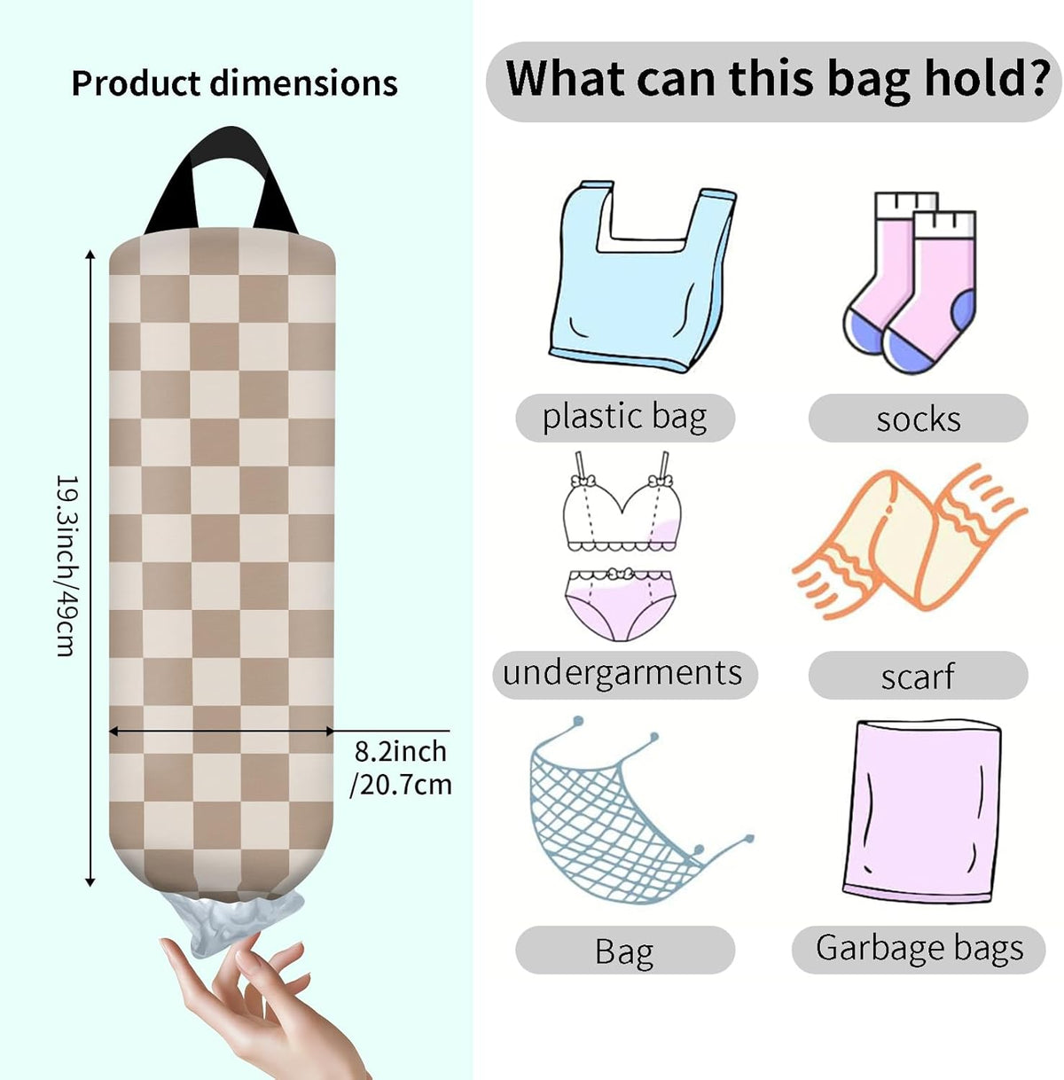 Plastic Bag Holder, Wall Mount Grocery Bag Organizer, Funny Hanging Trash Storage Dispenser for Home Kitchen Cute Brown Checkboard