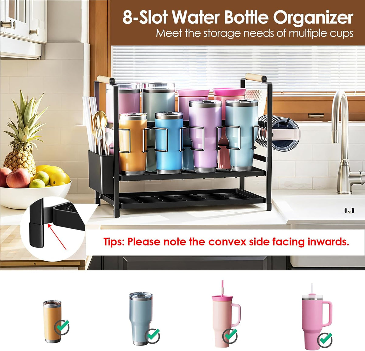 Water Bottle Organizer Drying Rack for 40 oz Tumbler with Handle, Multifunctional Cup Storage Holder Compatible with Stanley, Owala, Simple Modern and Other Brands, 8 Slots (Patented)