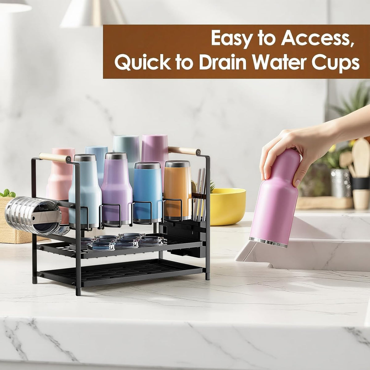 Water Bottle Organizer Drying Rack for 40 oz Tumbler with Handle, Multifunctional Cup Storage Holder Compatible with Stanley, Owala, Simple Modern and Other Brands, 8 Slots (Patented)