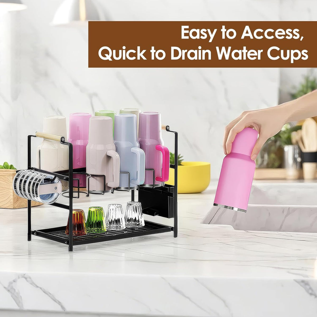 Water Bottle Organizer Drying Rack for 40 oz Tumbler with Handle, Multifunctional Cup Storage Holder Compatible with Stanley, Owala, Simple Modern and Other Brands, 8 Slots (Patented)