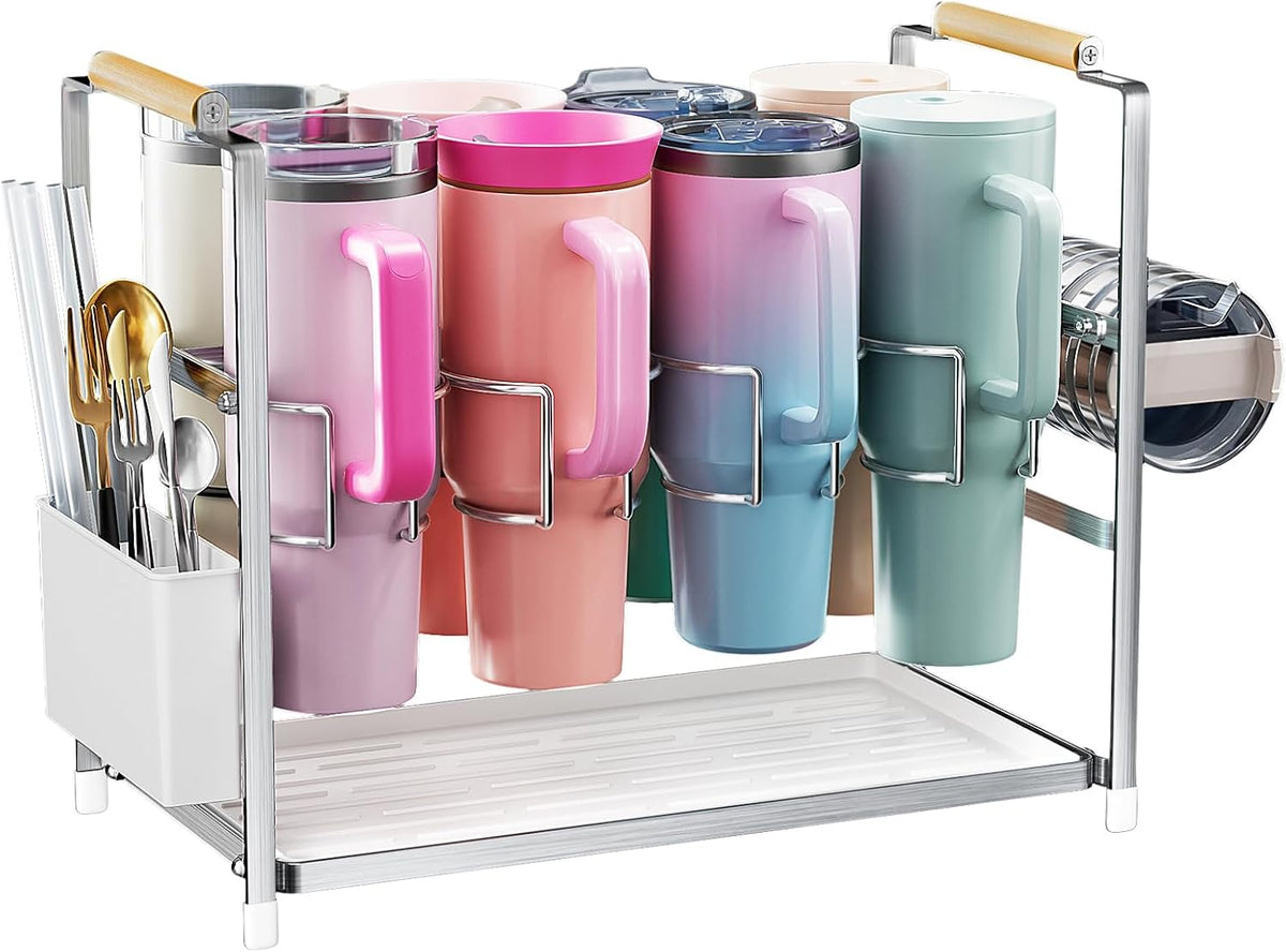 Water Bottle Organizer Drying Rack for 40 oz Tumbler with Handle, Multifunctional Cup Storage Holder Compatible with Stanley, Owala, Simple Modern and Other Brands, 8 Slots (Patented)
