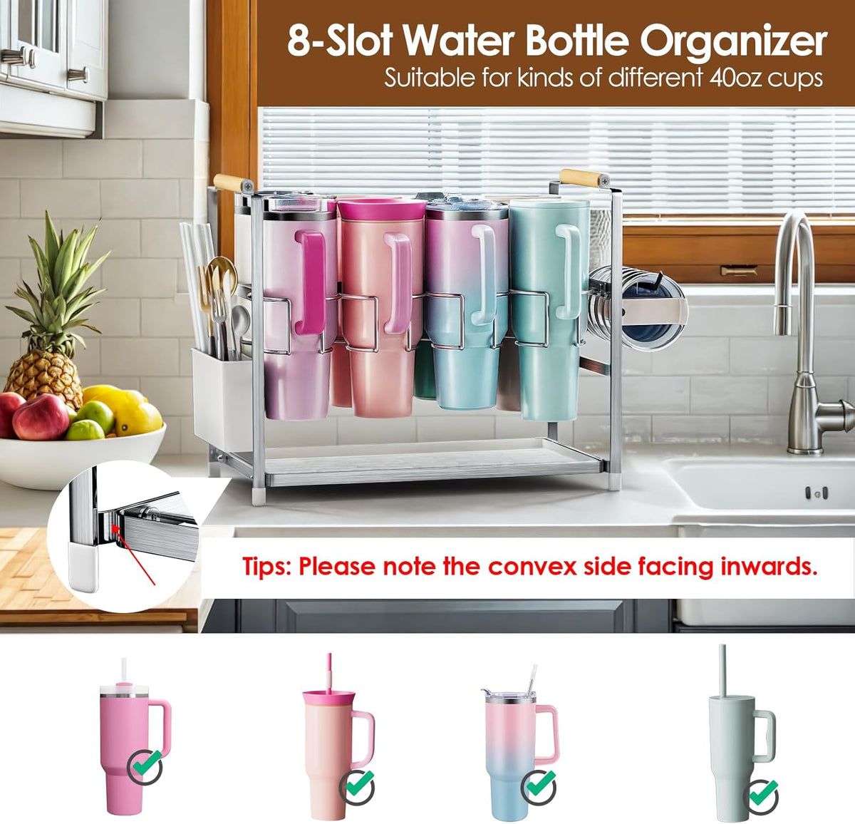 Water Bottle Organizer Drying Rack for 40 oz Tumbler with Handle, Multifunctional Cup Storage Holder Compatible with Stanley, Owala, Simple Modern and Other Brands, 8 Slots (Patented)
