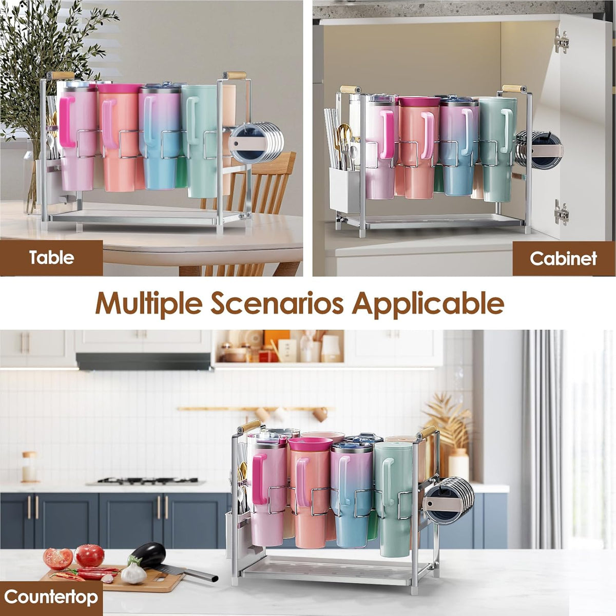 Water Bottle Organizer Drying Rack for 40 oz Tumbler with Handle, Multifunctional Cup Storage Holder Compatible with Stanley, Owala, Simple Modern and Other Brands, 8 Slots (Patented)