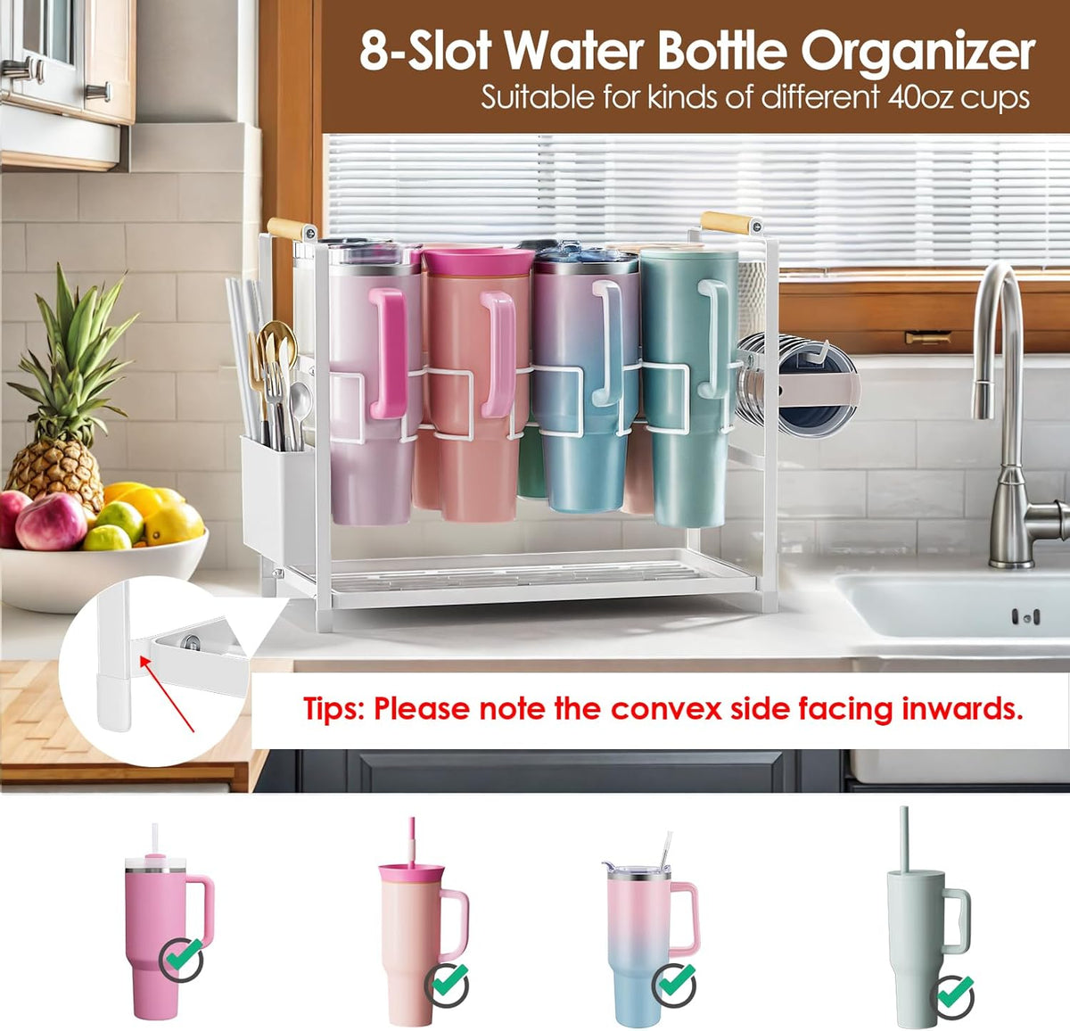 Water Bottle Organizer Drying Rack for 40 oz Tumbler with Handle, Multifunctional Cup Storage Holder Compatible with Stanley, Owala, Simple Modern and Other Brands, 8 Slots (Patented)