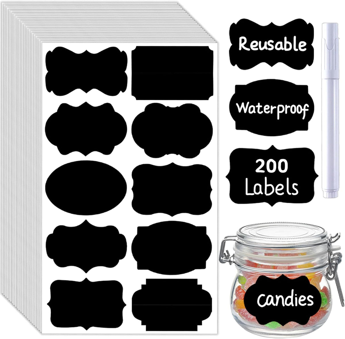 200 Pcs Chalkboard Labels,2.83x1.95 IN Reusable Labels With 1 Liquid Chalk Markers Removable Labels,Suitable for Mason Jars Storage Boxes Food Containers Storage Jars Kitchen Food Spice Storage(Black)