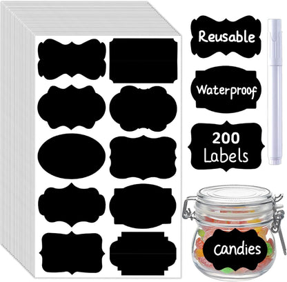 200 Pcs Chalkboard Labels,2.83x1.95 IN Reusable Labels With 1 Liquid Chalk Markers Removable Labels,Suitable for Mason Jars Storage Boxes Food Containers Storage Jars Kitchen Food Spice Storage(Black)