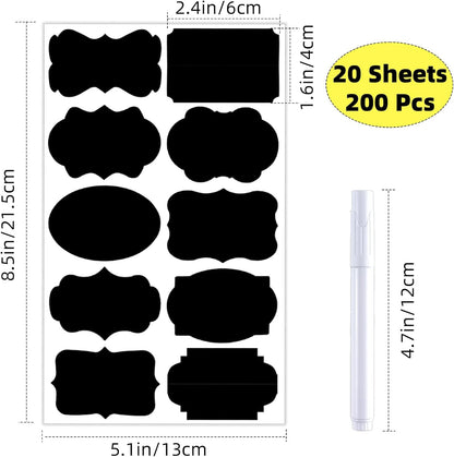 200 Pcs Chalkboard Labels,2.83x1.95 IN Reusable Labels With 1 Liquid Chalk Markers Removable Labels,Suitable for Mason Jars Storage Boxes Food Containers Storage Jars Kitchen Food Spice Storage(Black)