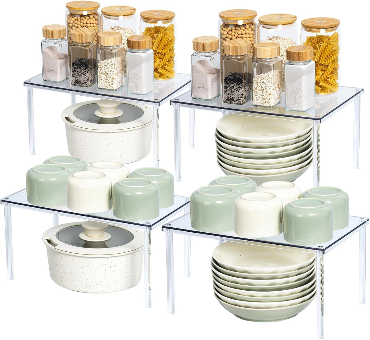 Acrylic Cabinet Organizer Set of 4, Stackable Spice Rack for Kitchen | Clear Shelf Organizer for Pantry, Cabinets, Countertops and Desks, Stackable Design Perfect for Spices and Small Items
