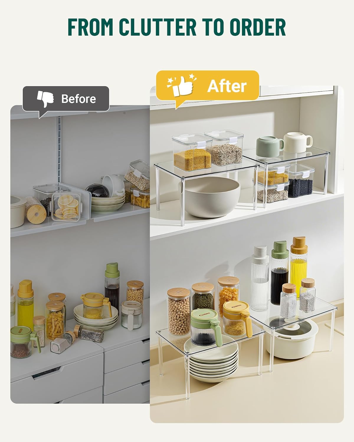 Acrylic Cabinet Organizer Set of 4, Stackable Spice Rack for Kitchen | Clear Shelf Organizer for Pantry, Cabinets, Countertops and Desks, Stackable Design Perfect for Spices and Small Items