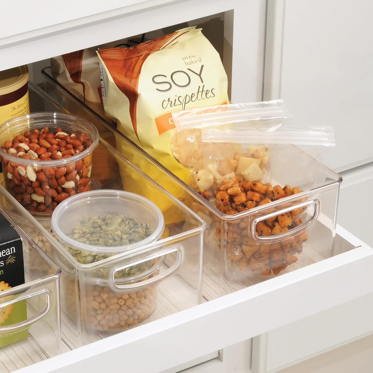 Plastic Stackable Pantry Bin with Handles, Clear | For Cabinets or Fridge, Made in USA