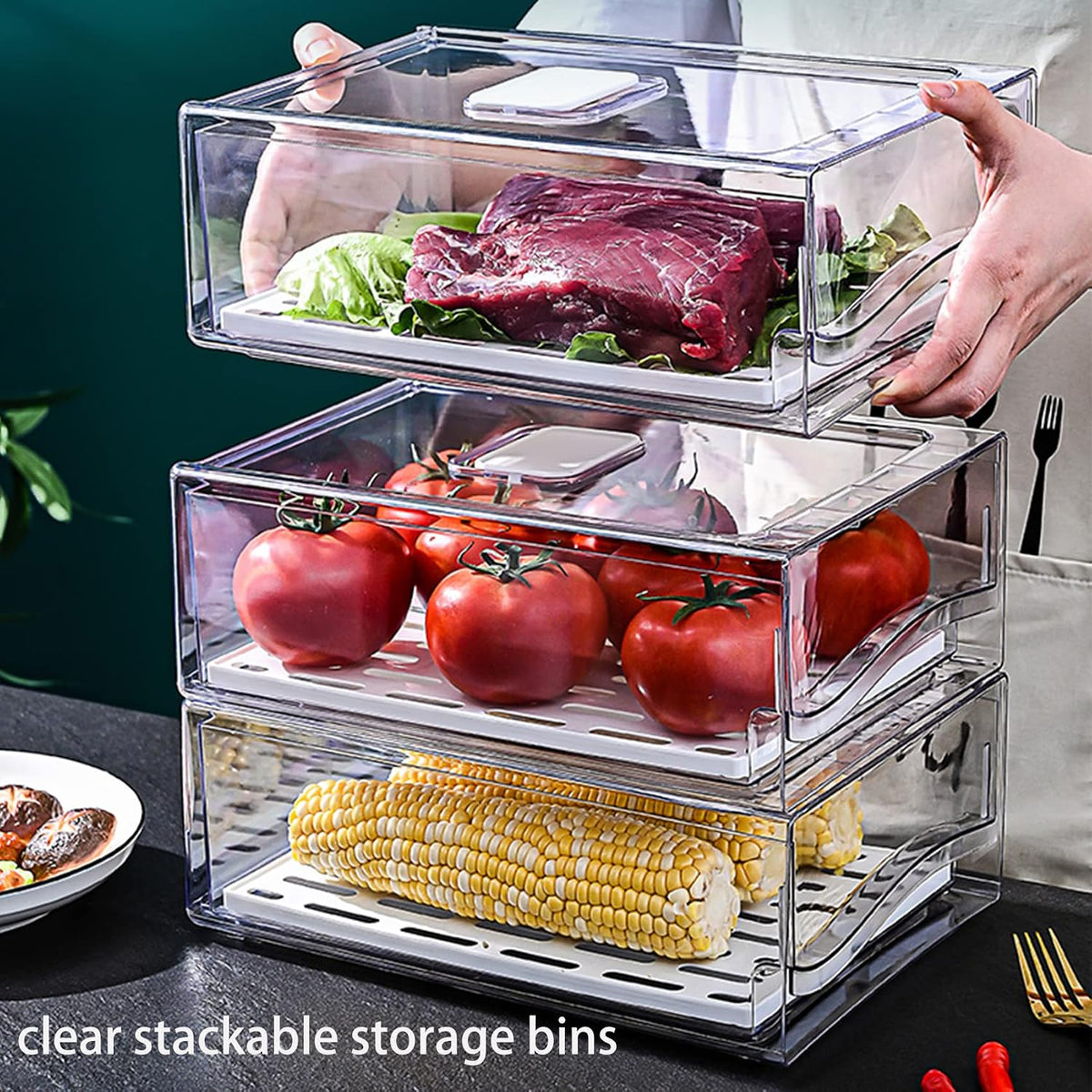 Fridge Organizer, Stackable Refrigerator Organizer Bins, Reusable Food Storage Containers, Fridge Drawer Organizer in Home Kitchen, Barbecue Shop, Restaurant, BPA-Free (2 Drawers, Large)