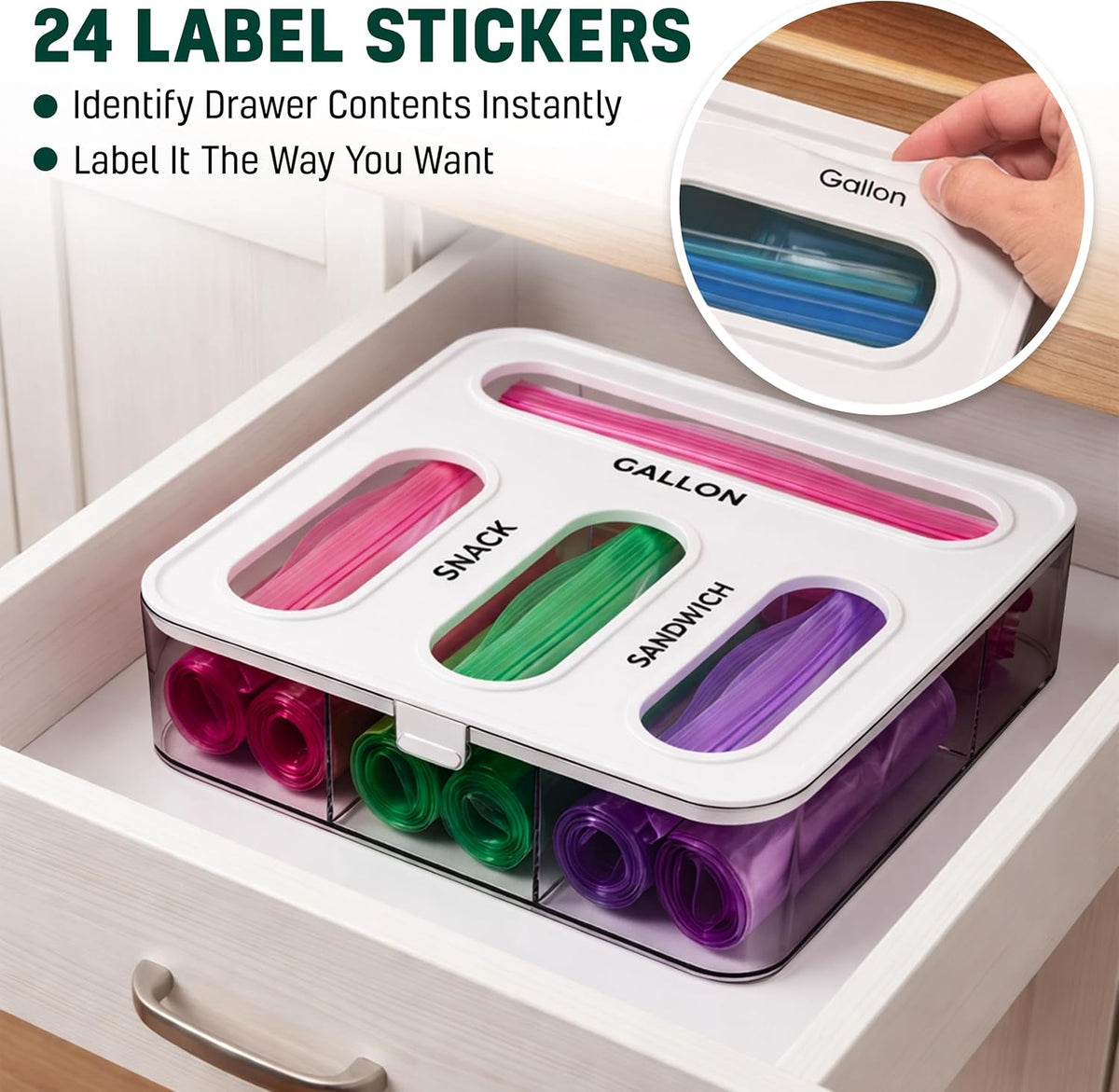 HIMUS Food Storage Bag Organizer - 4 in 1 Plastic Baggie Organizer for Drawer | Compatible with Sandwich, Snack, Gallon, Quart & Slider | Plastic Bag Organizers Kitchen Storage| Wall & Drawer Mount
